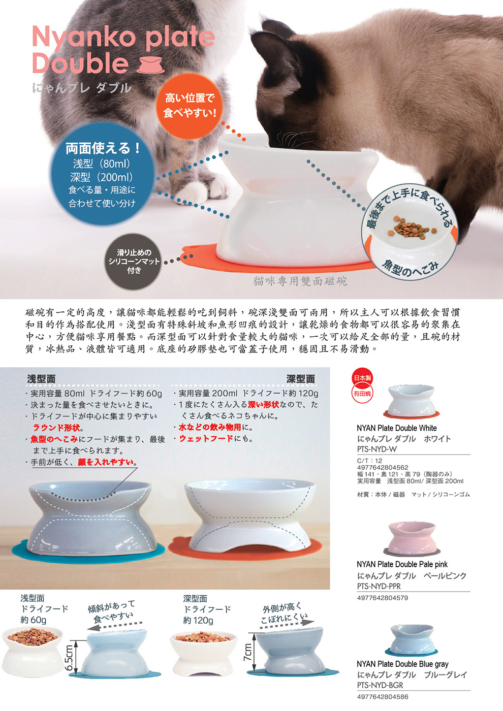 HARIO, Pet goods, Made in Japan, Cat, Food Bowl, Nyanko plate, Double, PTS-NYD-W, PTS-NYD-PPR, PTS-NYD-BGR