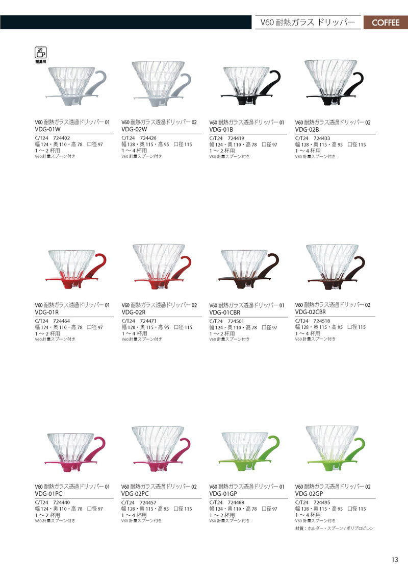 Catalog 2012, Coffee, V60 DRIP, VDG-01W, VDG-02W, VDG-01B, VDG-02B, VDG-01R, VDG-02R, VDG-01CBR, VDG-02CBR, VDG-01PC, VDG-02PC, VDG-01GP, VDG-02GP