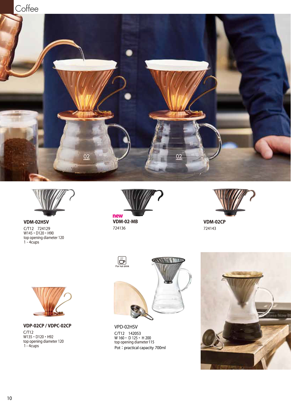 Catalog 2018, Coffee, V60 Metal Dripper, VDM-02HSV, VDM-02-MB, VDM-02CP, VDP-02CP, VDPC-02CP, VPD-02HSV