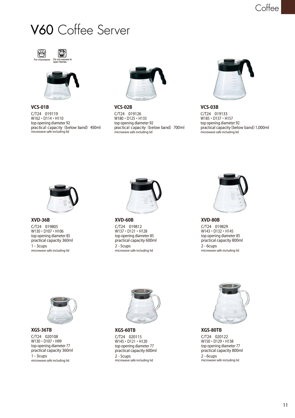 Catalog 2018, Coffee, V60 Coffee Server, VCS-01B, VCS-02B, VCS-03B, XVD-36B, XVD-60B, XVD-80B, XGS-36TB, XGS-60TB, XGS-80TB