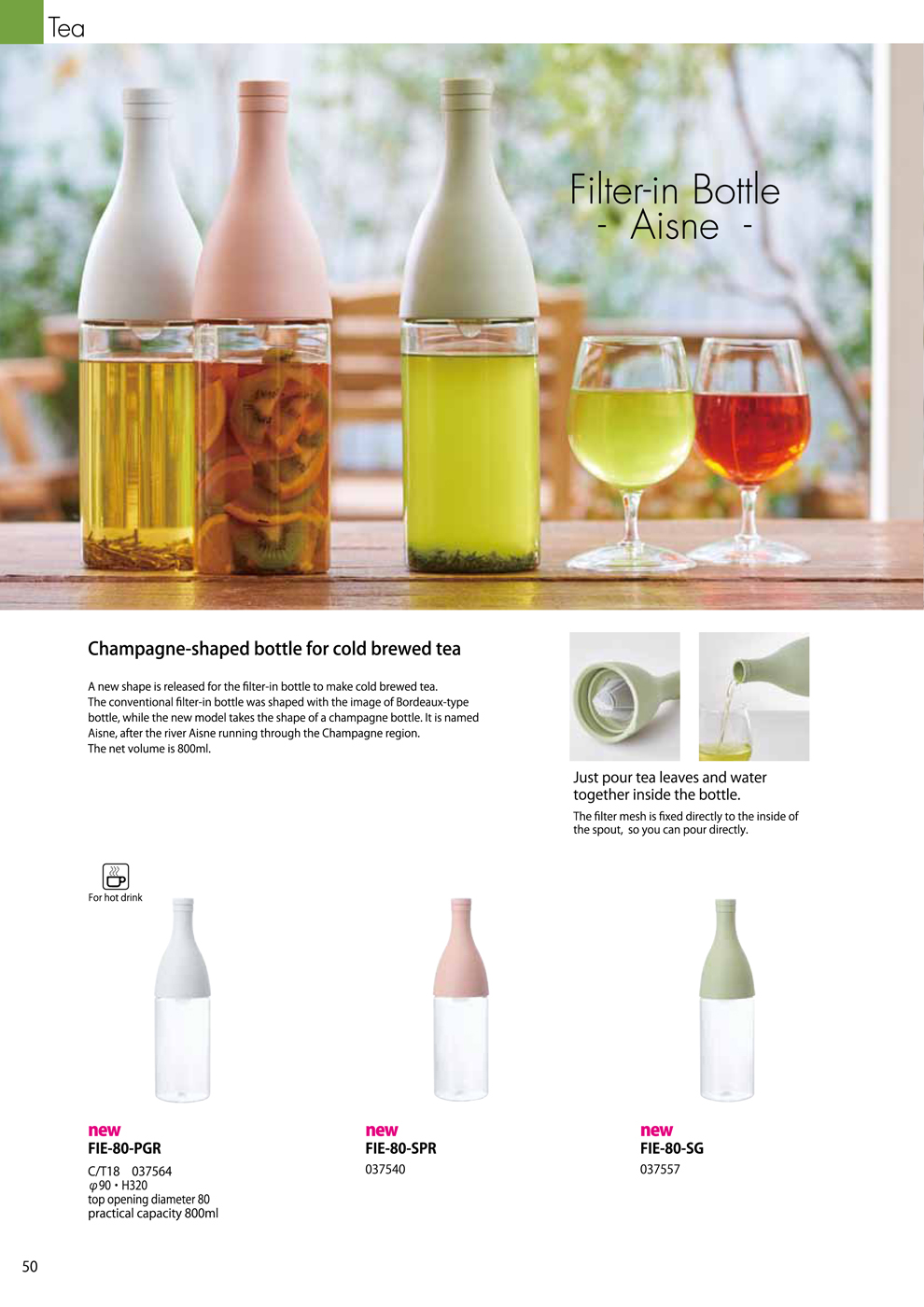 Catalog 2018, TEA, Filter-in Bottle, Aisne, Champagne-shaped bottle, cold brewed tea, FIE-80-PGR, FIE-80-SPR, FIE-80-SG
