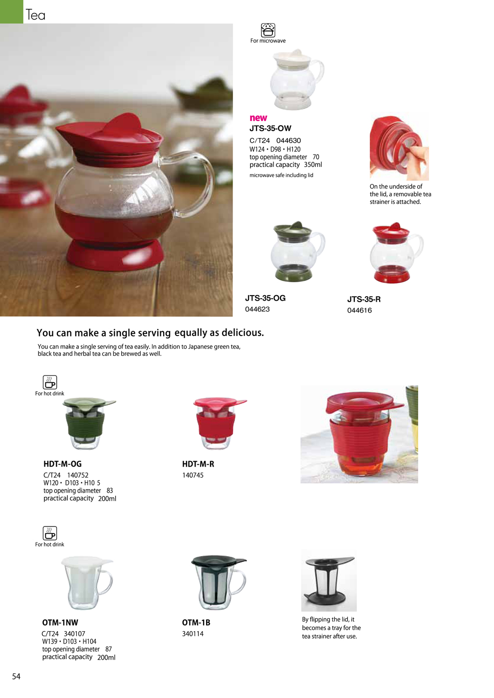 Catalog 2018, TEA, server, microwave safe including lid, strainer, japaness greentea, black tea, herbal tea, JTS-35-OG, JTS-35-R, HDT-M-OG, HDT-M-R, OTM-1NW, OTM-1B
