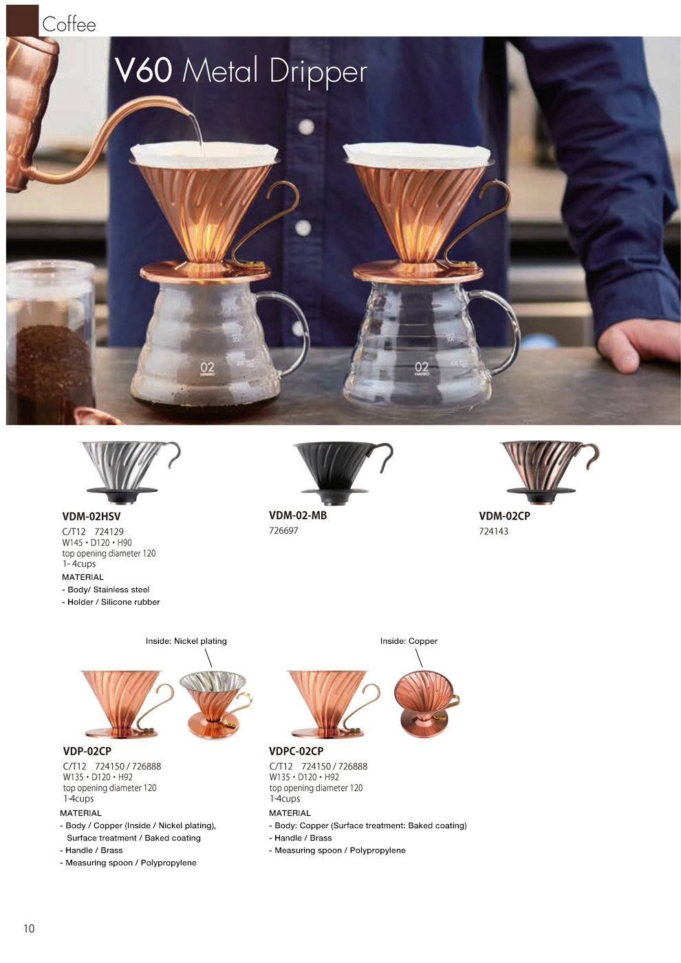 Catalog 2019, Coffee, V60 Metal Dripper, VDM-02HSV, VDM-02-MB, VDM-02CP, VDP-02CP, VDPC-02CP