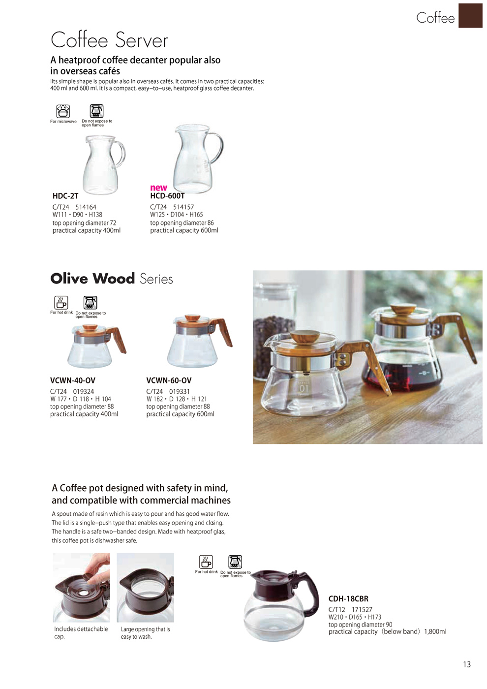 Catalog 2019, Coffee, Server, heatproof, decanter, olive wood, HDC-2T, HCD-600T, VCWN-40-OV, VCWN-60-OV, CDH-18CBR