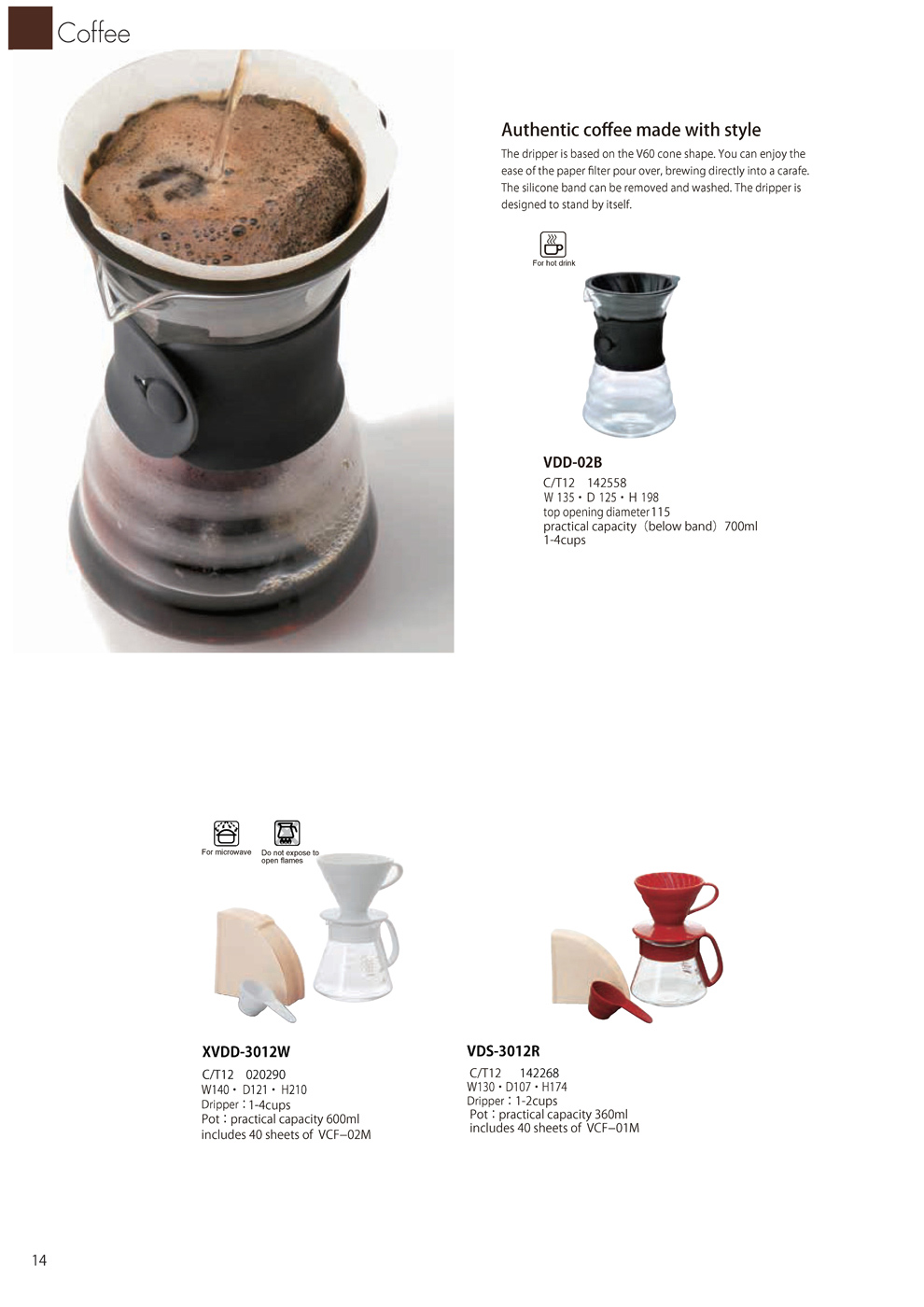 Catalog 2019, Coffee, V60 Dripper, paper filter, VDD-02B, XVDD-3012W, VDS-3012R