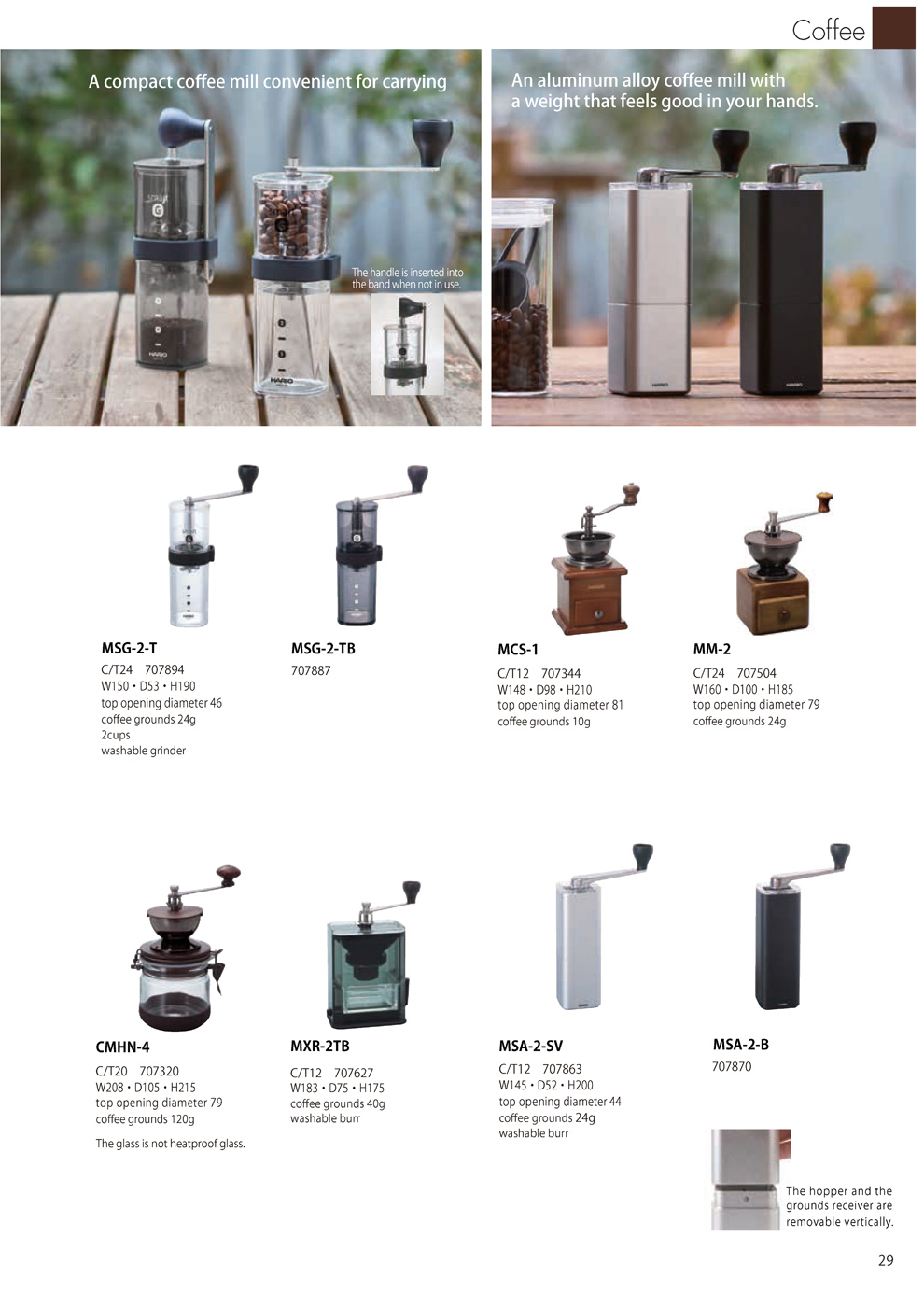 Catalog 2019, Coffee, Mill, washable grinder, heatproof, washable burr, MSG-2-T, MSG-2-TB, MCS-1, MM-2, CMHN-4, MXR-2TB, MSA-2-SA, MSA-2-B