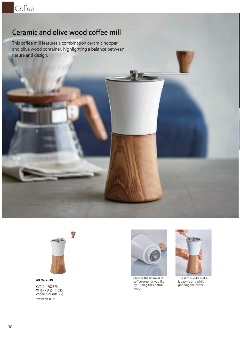 Catalog 2019, Coffee, Olive wood coffee mill, slim, grinder, washable burr, MCN-2-OV