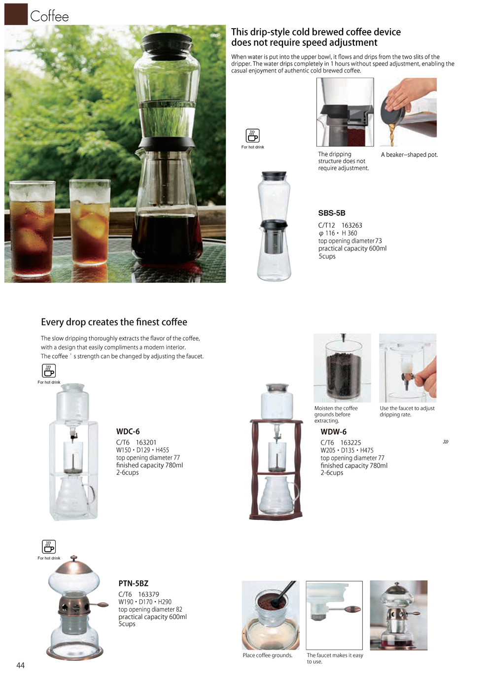 Catalog 2019, Coffee, Drip-style, cold brewed, Water drip, faucet, SBS-5B, WDC-6, WDW-6, PTN-5BZ