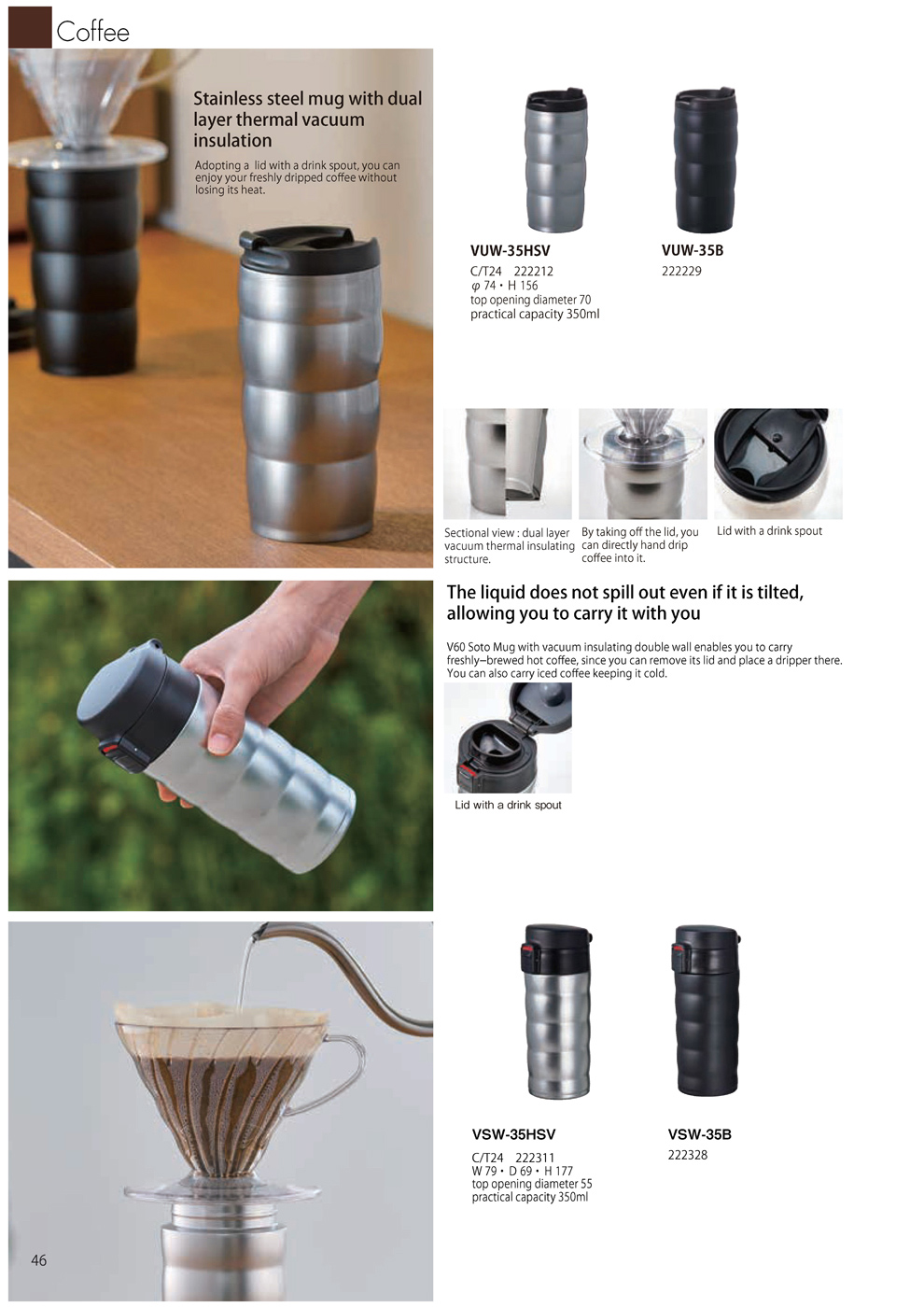 Catalog 2019, Coffee, thermal vacuum, spout, dual layer, V60, Mug, VUW-35HSV, VUW-35B, VSW-35HSV, VSW-35B