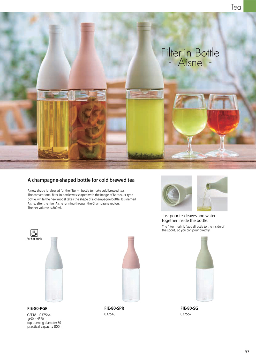 Catalog 2019, TEA, Filter-in Bottle, Aisne, Champagne-shaped bottle, cold brewed tea, FIE-80-PGR, FIE-80-SPR, FIE-80-SG