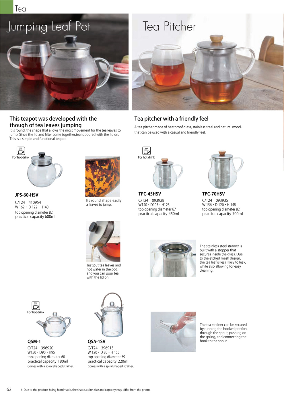 Catalog 2019, TEA, Pitcher, Jumping Leaf Pot, JPS-60-HSV, TPC-45HSV, TPC-70HSV, QSM-1, QSA-1SV