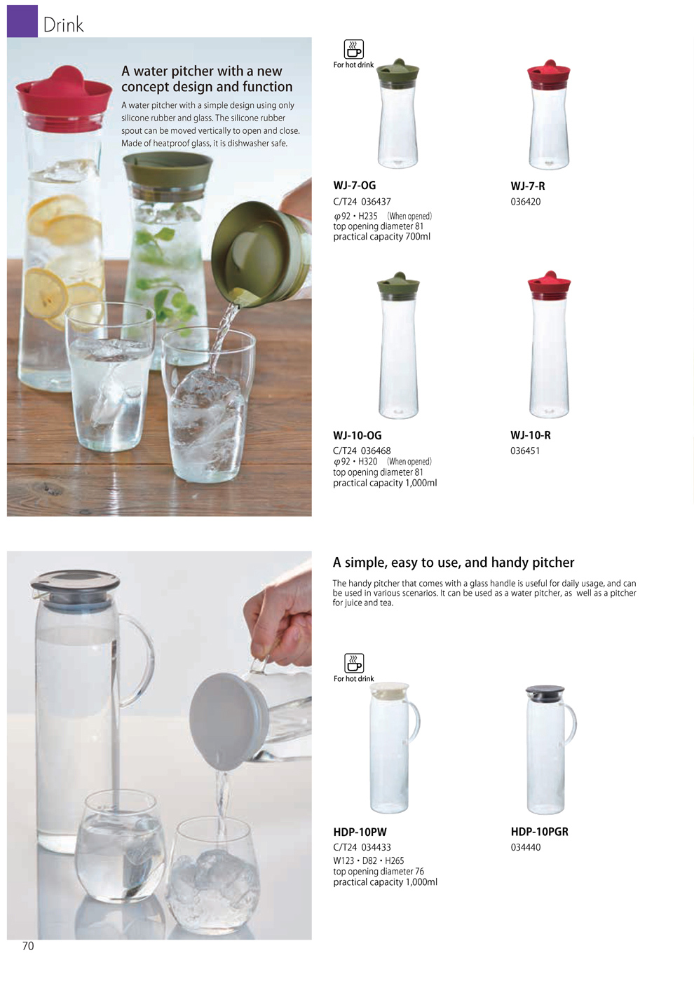 Catalog 2019, Drink, Water Pitcher, Handy Pitcher, WJ-7-OG, WJ-7-R, WJ-10-OG, WJ-10-R, HDP-10PW, HDP-10PGR