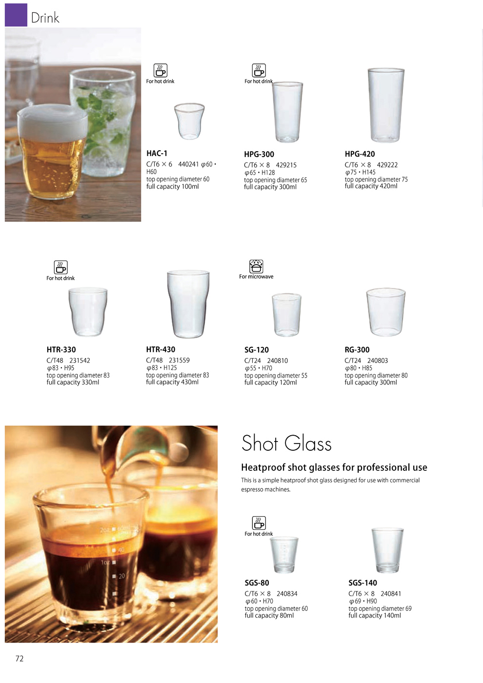 Catalog 2019, Drink, heatproof snifter glass, stemware, Shot Glass, espresso, HAC-1, HPG-300, HPG-420, HTR-330, HTR-430, SG-120, RG-300, SGS-80, SGS-140