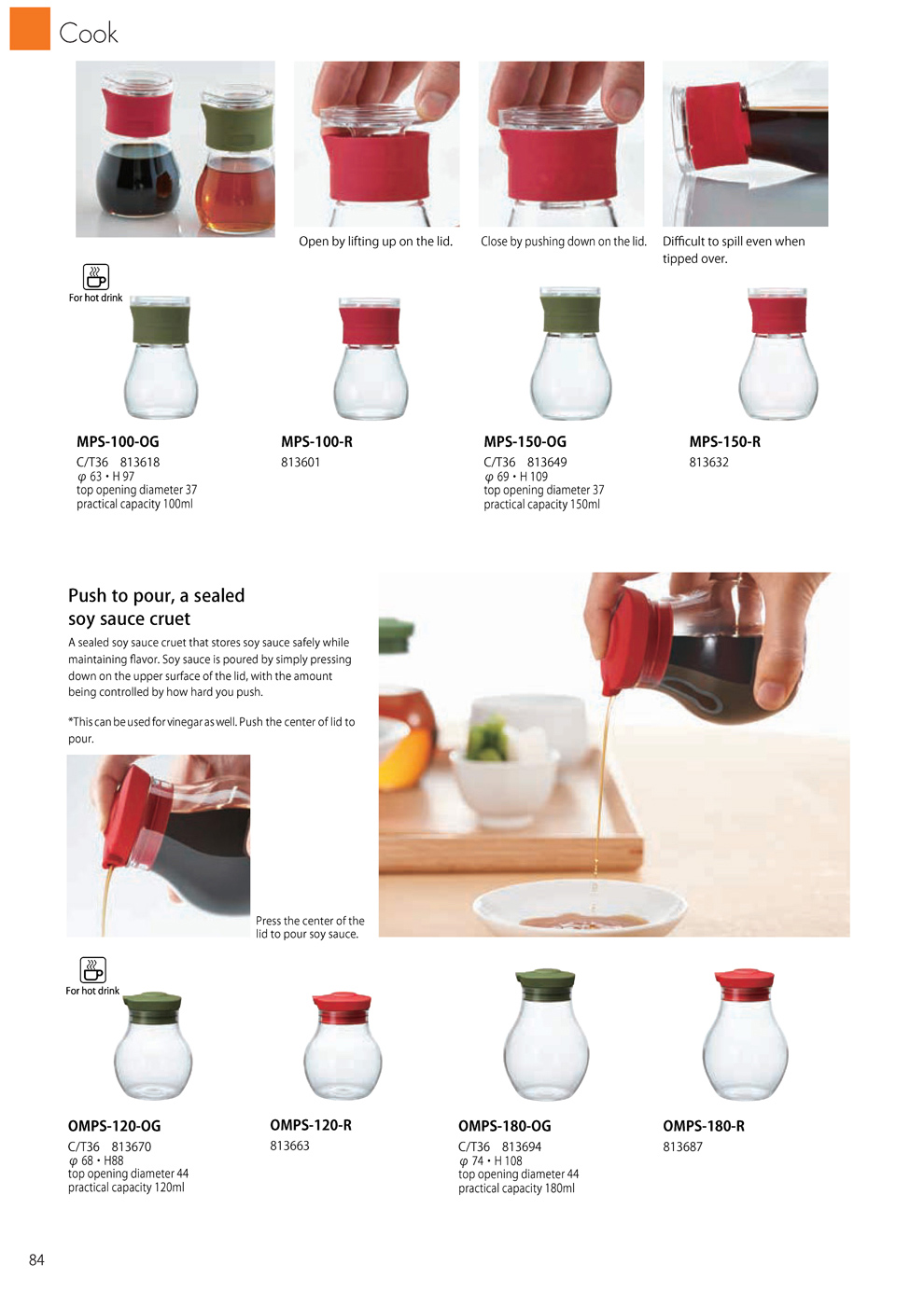 Catalog 2019, Cook, Saled, store, soy sauce cruet, safely, MPS-100-OG, MPS-100-R, MPS-150-OG, MPS-150-R, OMPS-120-OG, OMPS-120-R, OMPS-180-OG, OMPS-180-R